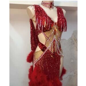 STUNNING Elena Tiunova Custom Latin Dance Dress - Red & Gold Swarovski